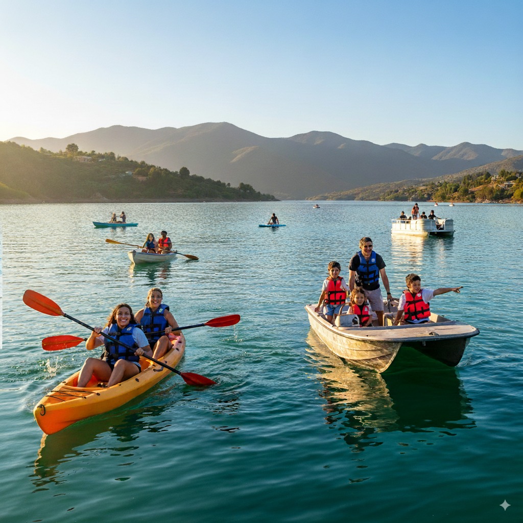 Kayak en el río cerca de las cabañas